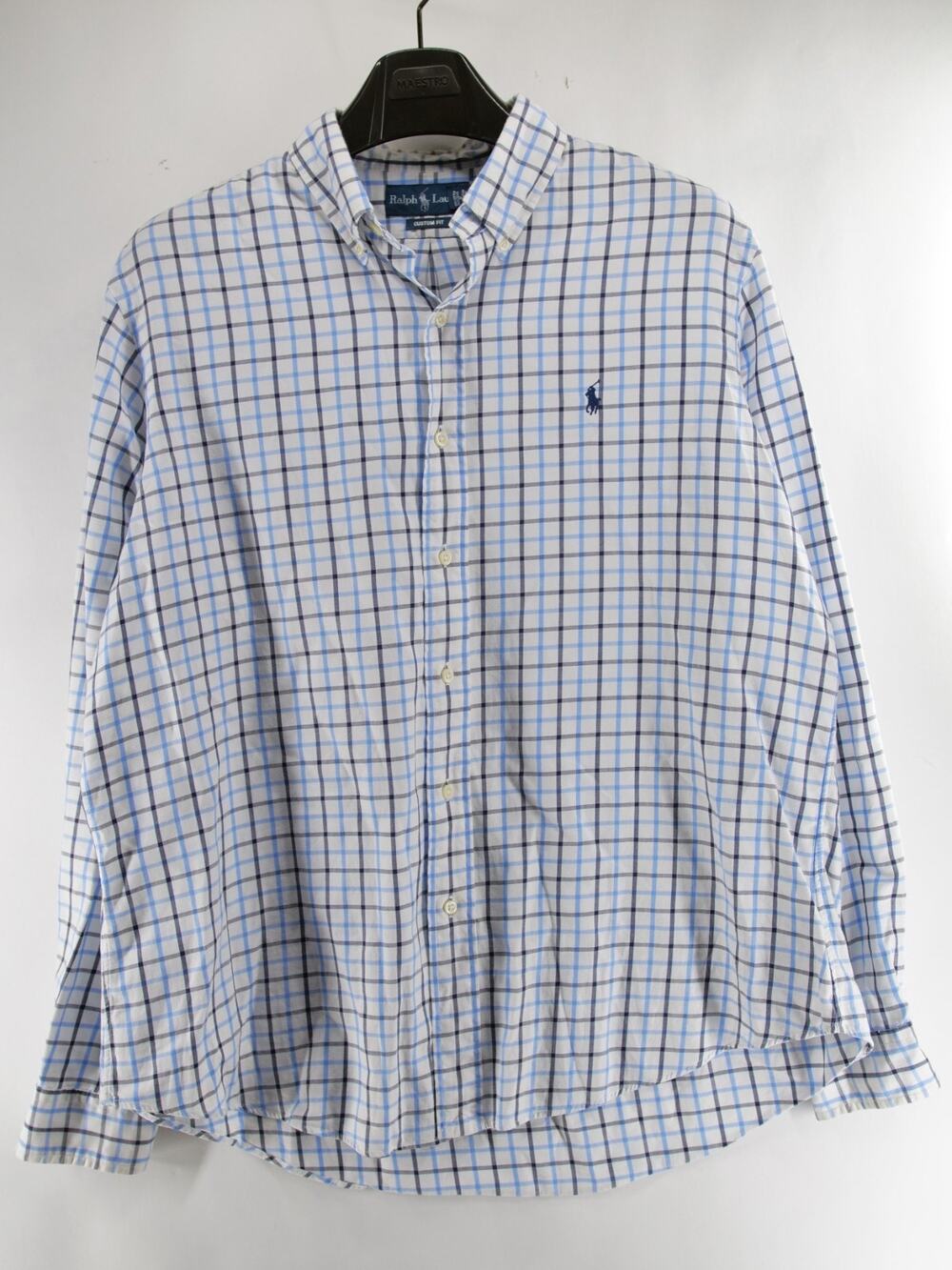 Ralph Lauren Men's XL White Blue Check Custom Fit Long Sleeve Button Up Shirt